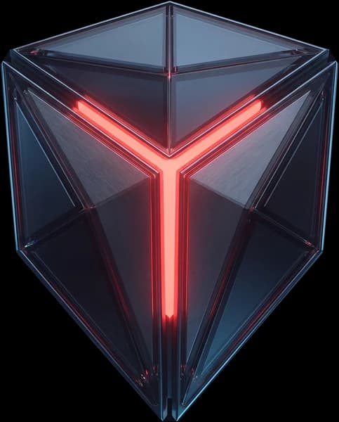 El escudo de Neosolutions: cristal facetado con una costura de luz roja, herencia de la práctica de ciberseguridad